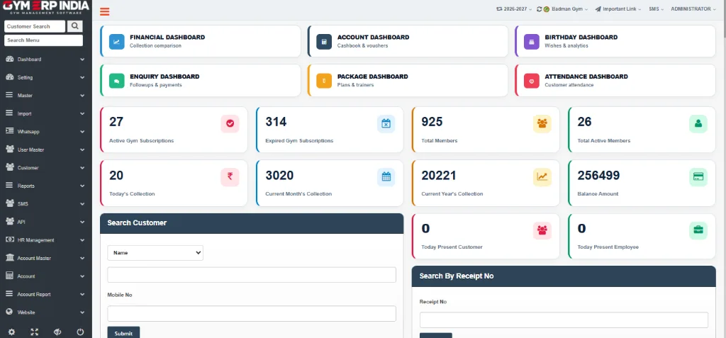 Gym ERP Desktop Software Admin Dashboard